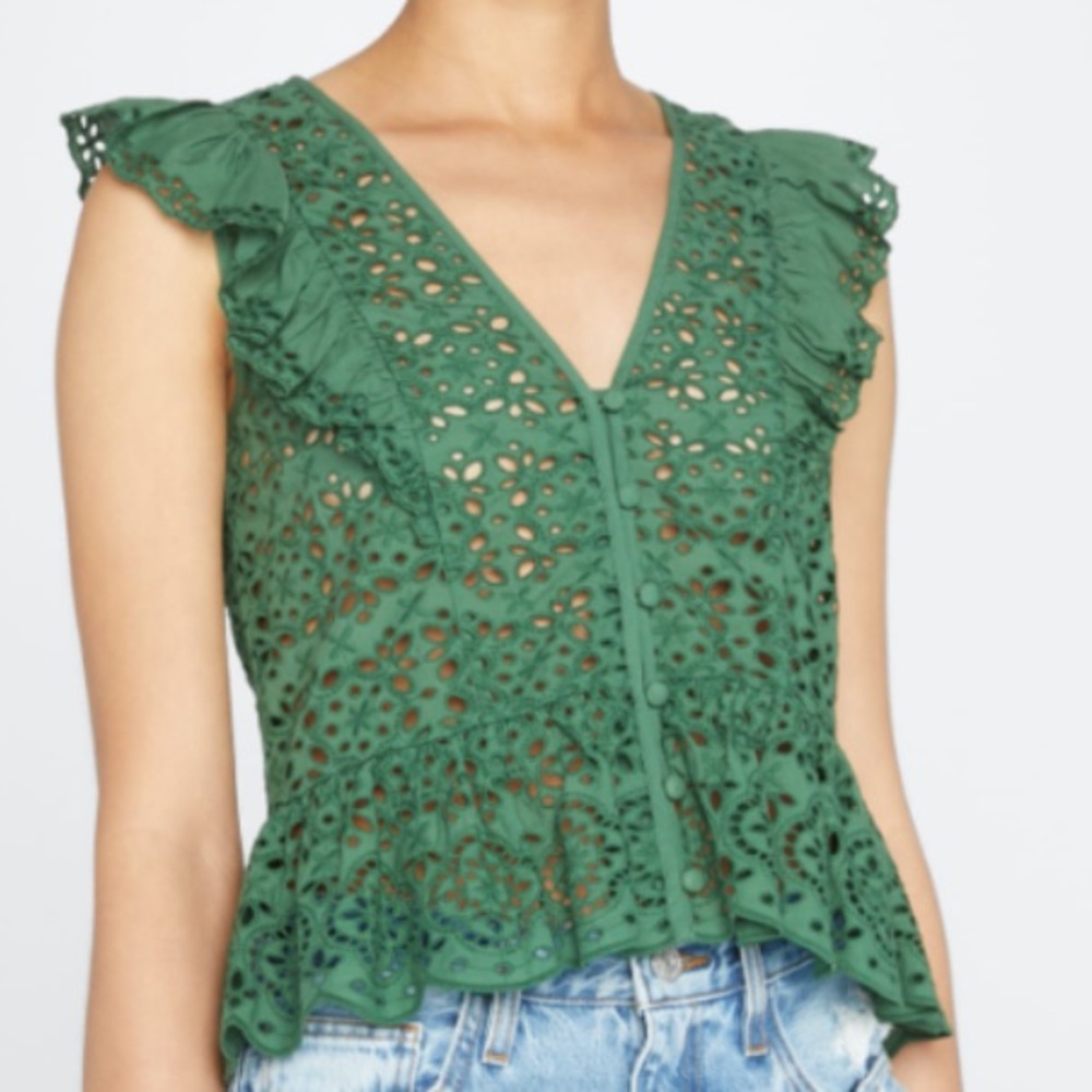 Veronica Beard Green Eyelet Ruffle V-Neck Blouse